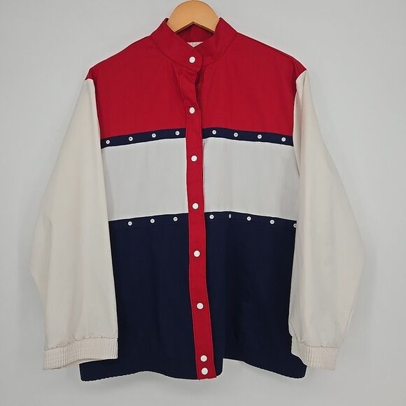 Other - Vtg Mens M Colorblock Stripe Red White Blue Windbreaker Jacket USA Made Nautical